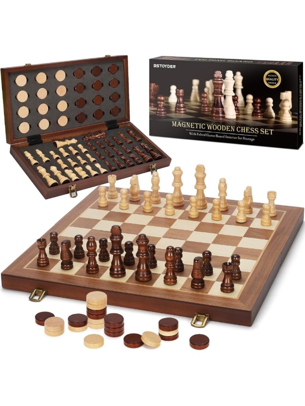Magnetic 2-in-1 Chess & Checkers Board Game Set - Portable 15" Travel Game with